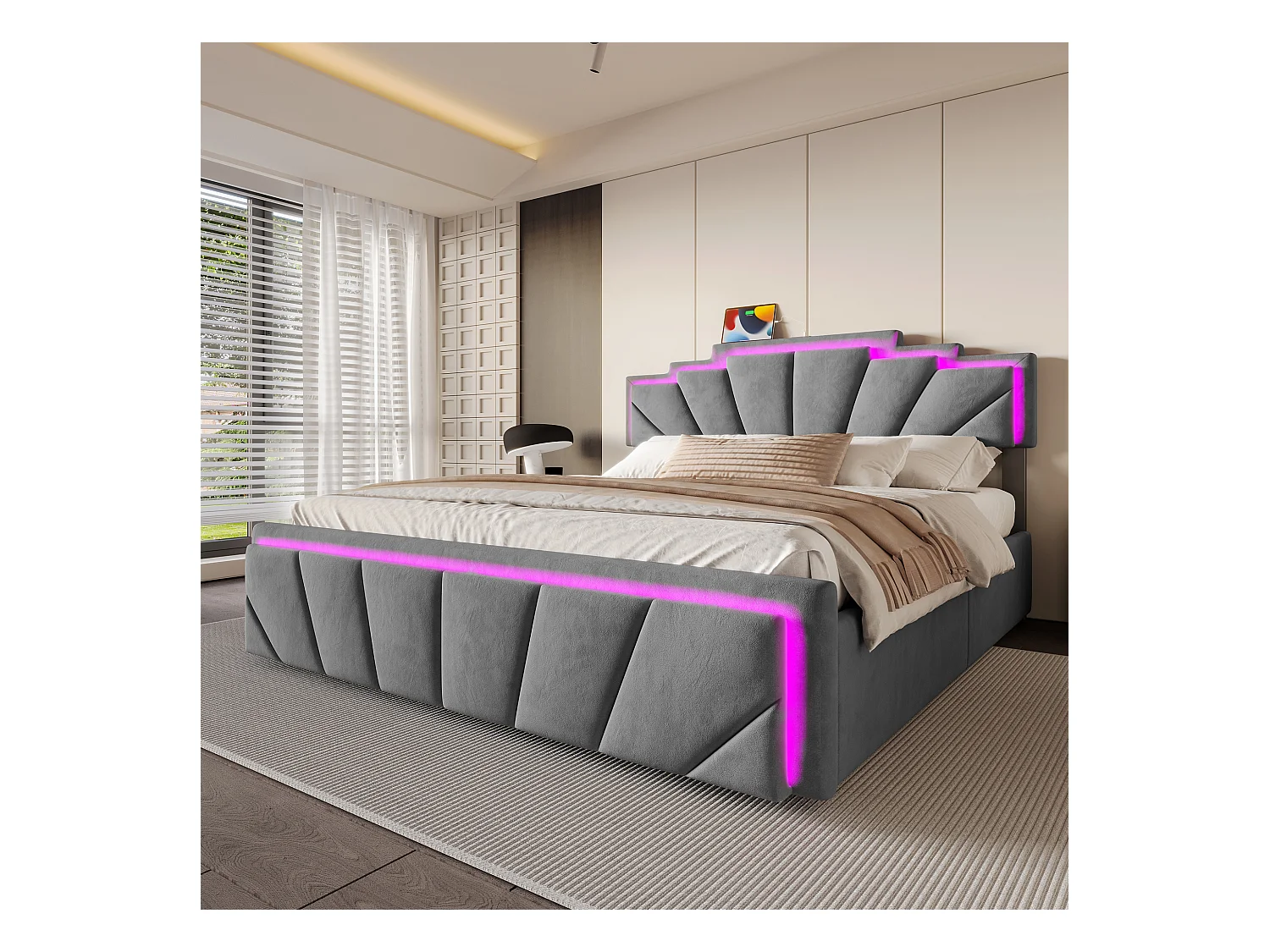 Lit adulte 160x200cm avec 4 tiroirs， LED et USB type-C, tête de lit réglable, velours gris, sans matelas