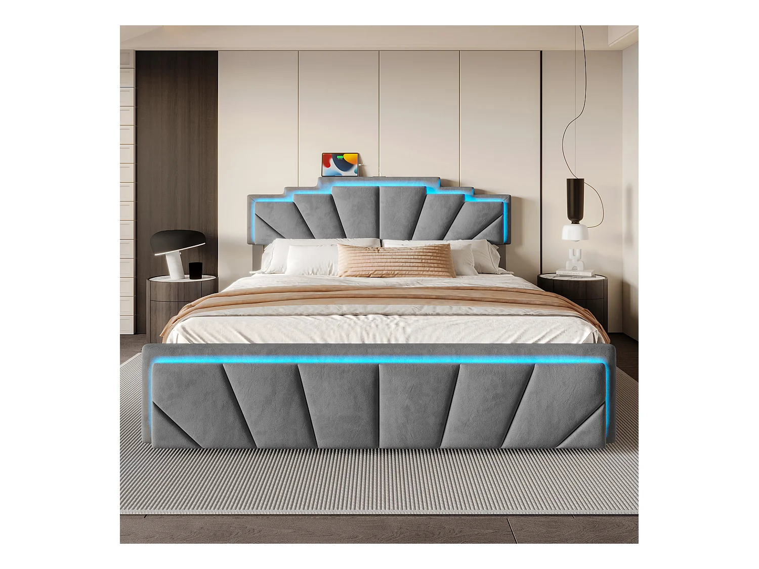 Lit adulte 160x200cm avec 4 tiroirs， LED et USB type-C, tête de lit réglable, velours gris, sans matelas