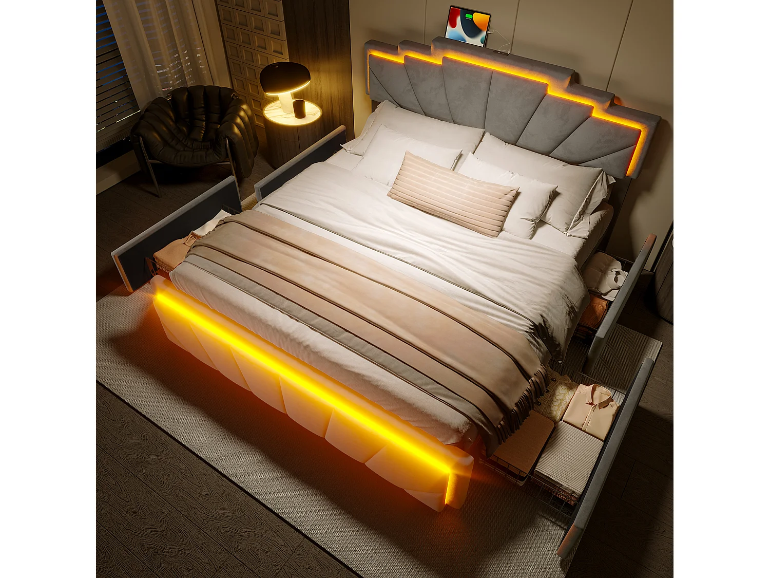 Lit adulte 160x200cm avec 4 tiroirs， LED et USB type-C, tête de lit réglable, velours gris, sans matelas