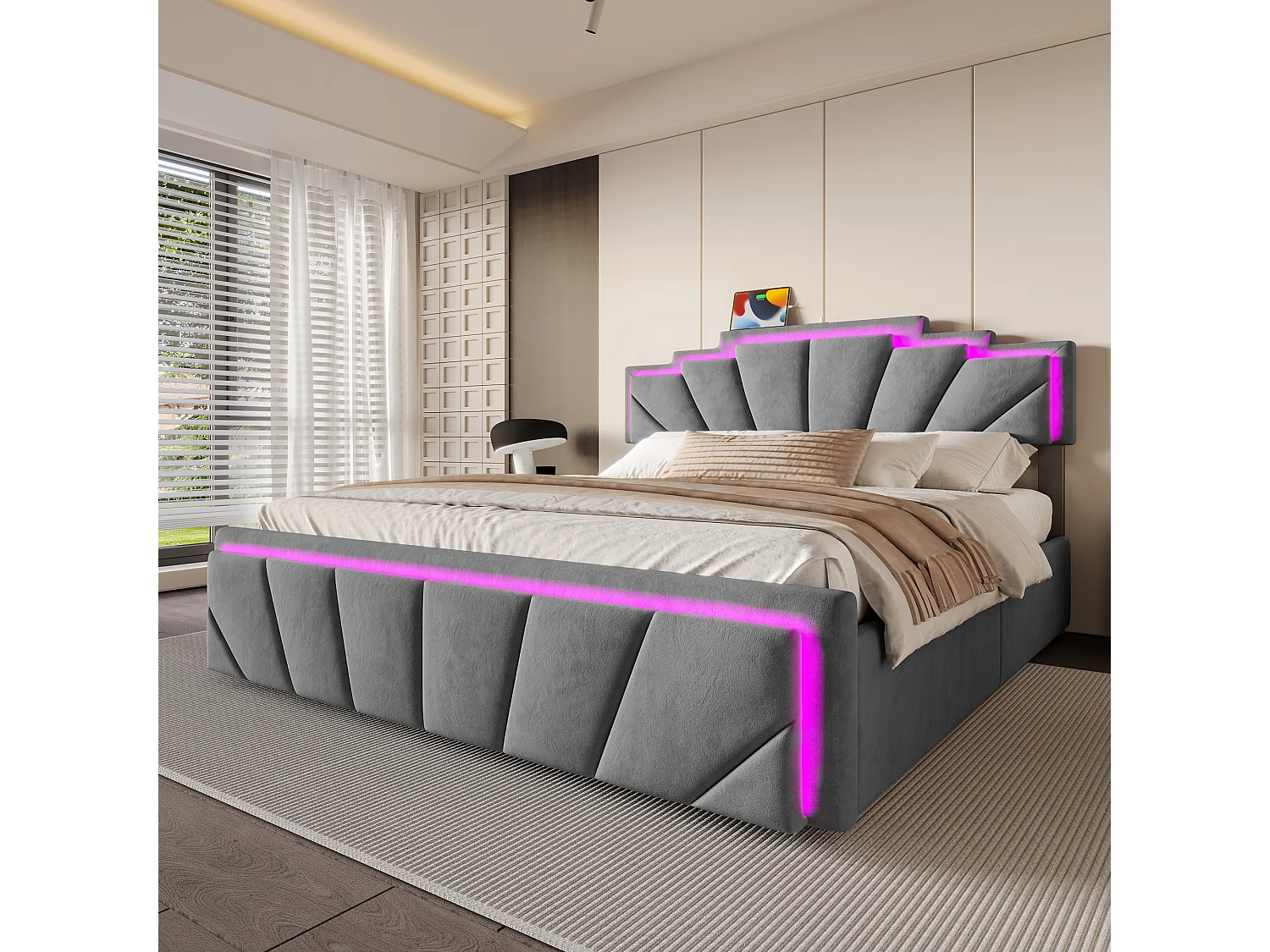 Lit adulte 160x200cm avec 4 tiroirs， LED et USB type-C, tête de lit réglable, velours gris, sans matelas