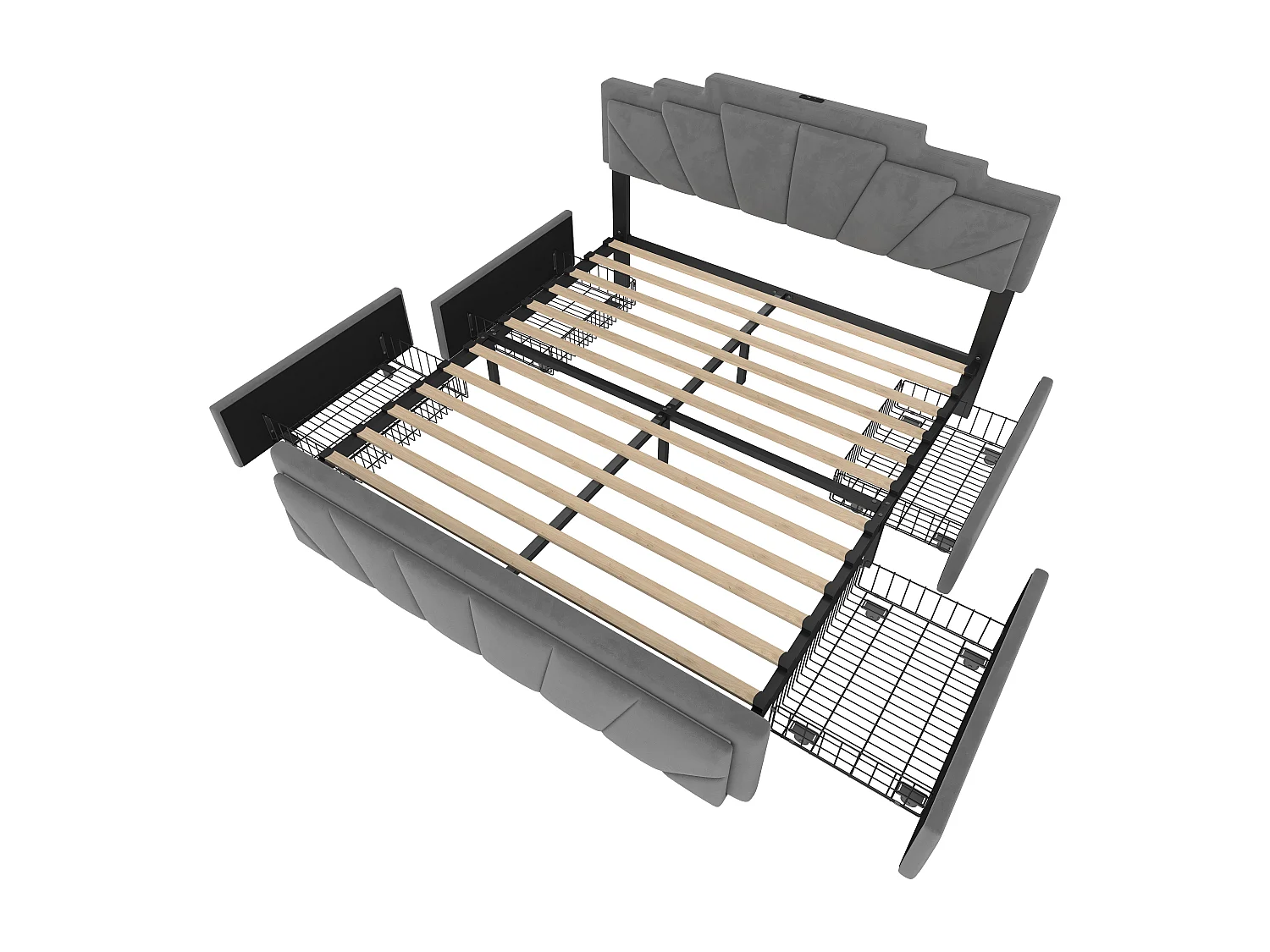 Lit adulte 160x200cm avec 4 tiroirs， LED et USB type-C, tête de lit réglable, velours gris, sans matelas