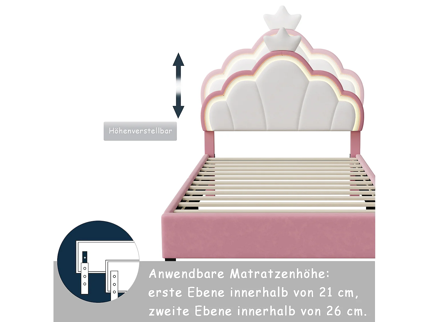 Lit enfant, lit simple pour fille 140 x 200 cm, lit princesse en forme de couronne, tête de lit réglable avec bande lumineuse, lit enfant, flanelle, rose