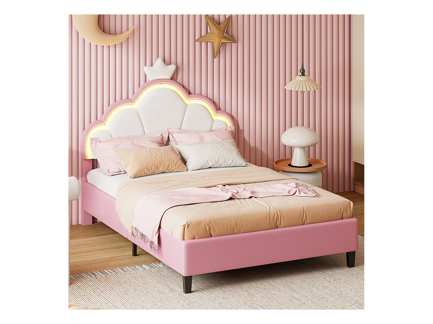 Lit enfant, lit simple pour fille 140 x 200 cm, lit princesse en forme de couronne, tête de lit réglable avec bande lumineuse, lit enfant, flanelle, rose