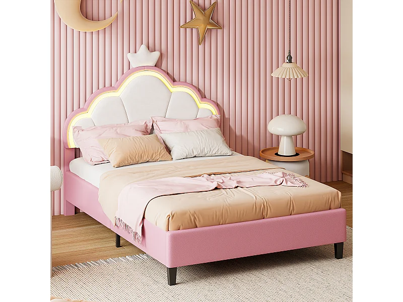 Lit enfant, lit simple pour fille 140 x 200 cm, lit princesse en forme de couronne, tête de lit réglable avec bande lumineuse, lit enfant, flanelle, rose