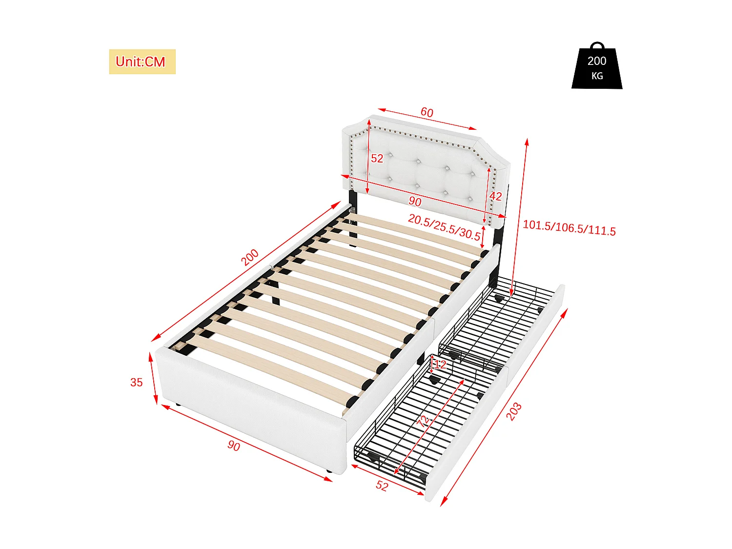 Cama infantil 90x200 cm com 2 gavetas e cabeceira ajustável em altura, linho branco, sem colchão