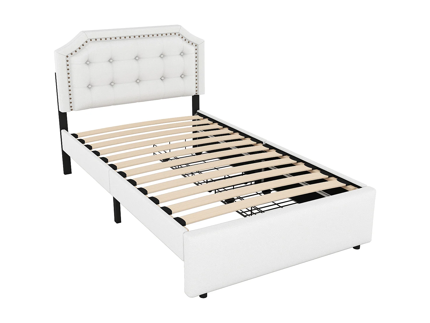 Cama infantil 90x200 cm com 2 gavetas e cabeceira ajustável em altura, linho branco, sem colchão