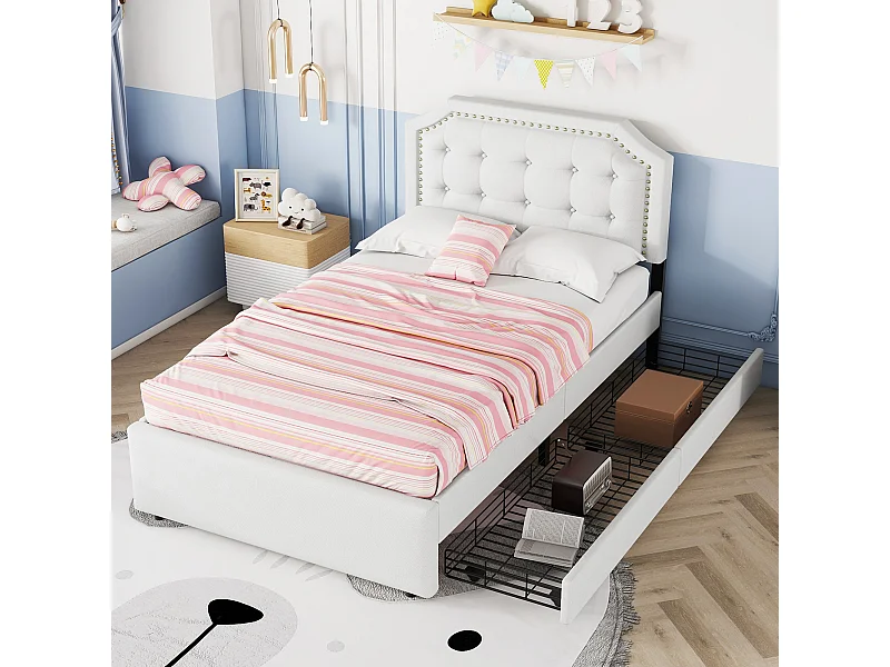 Cama infantil 90x200 cm com 2 gavetas e cabeceira ajustável em altura, linho branco, sem colchão