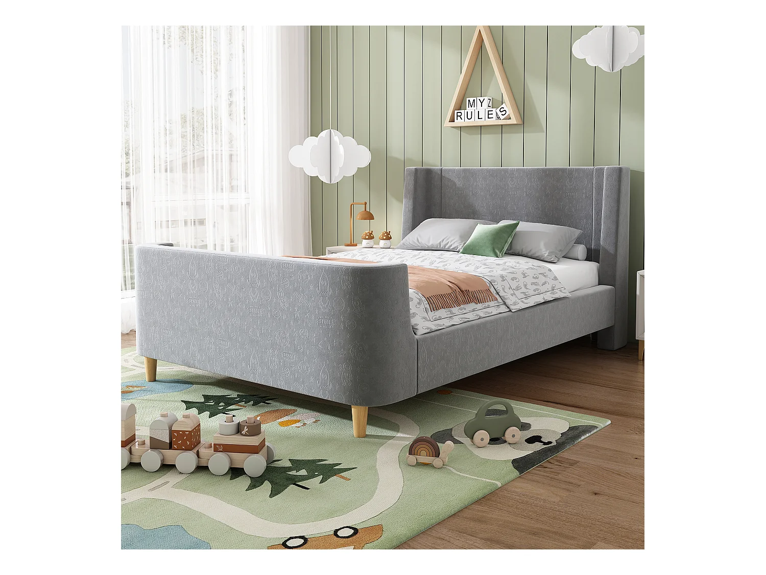 Cama infantil 90x200 cm em veludo cinza, estrado de ripas, sem colchão