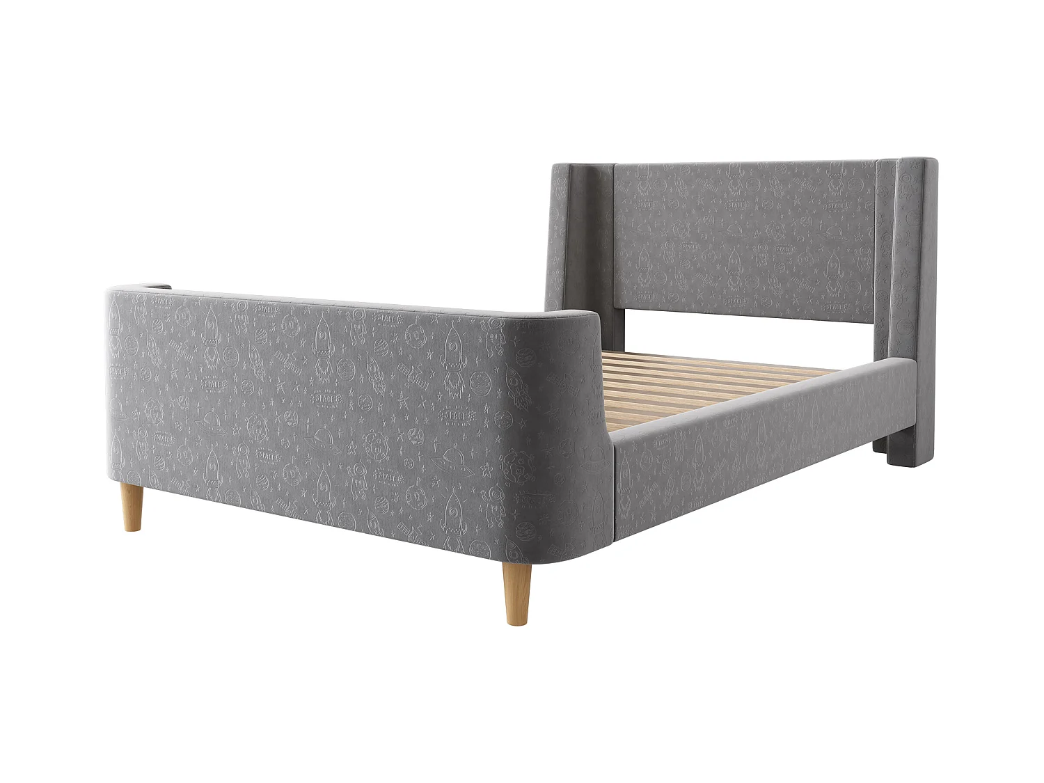 Cama infantil 90x200 cm em veludo cinza, estrado de ripas, sem colchão