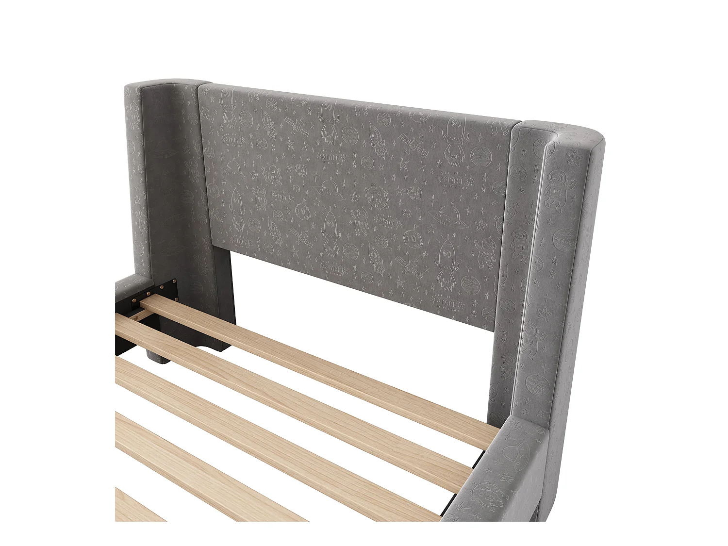 Cama infantil 90x200 cm em veludo cinza, estrado de ripas, sem colchão