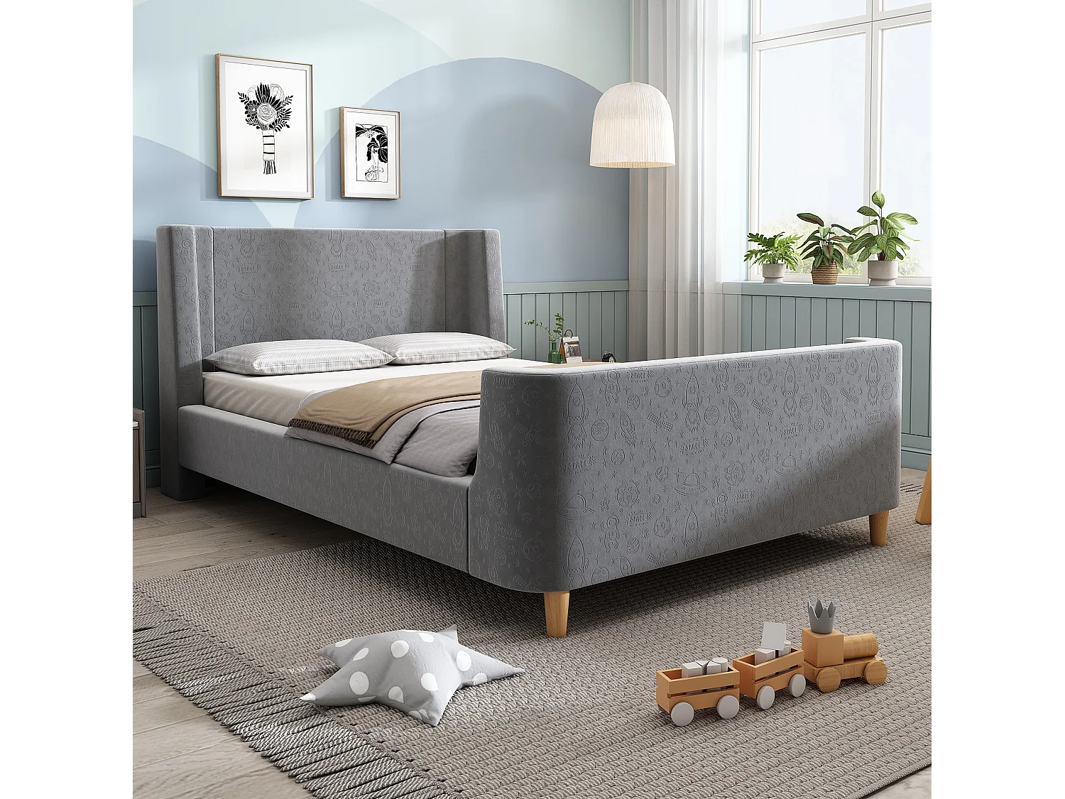 Cama infantil 90x200 cm en terciopelo gris, somier de lamas, sin colchón