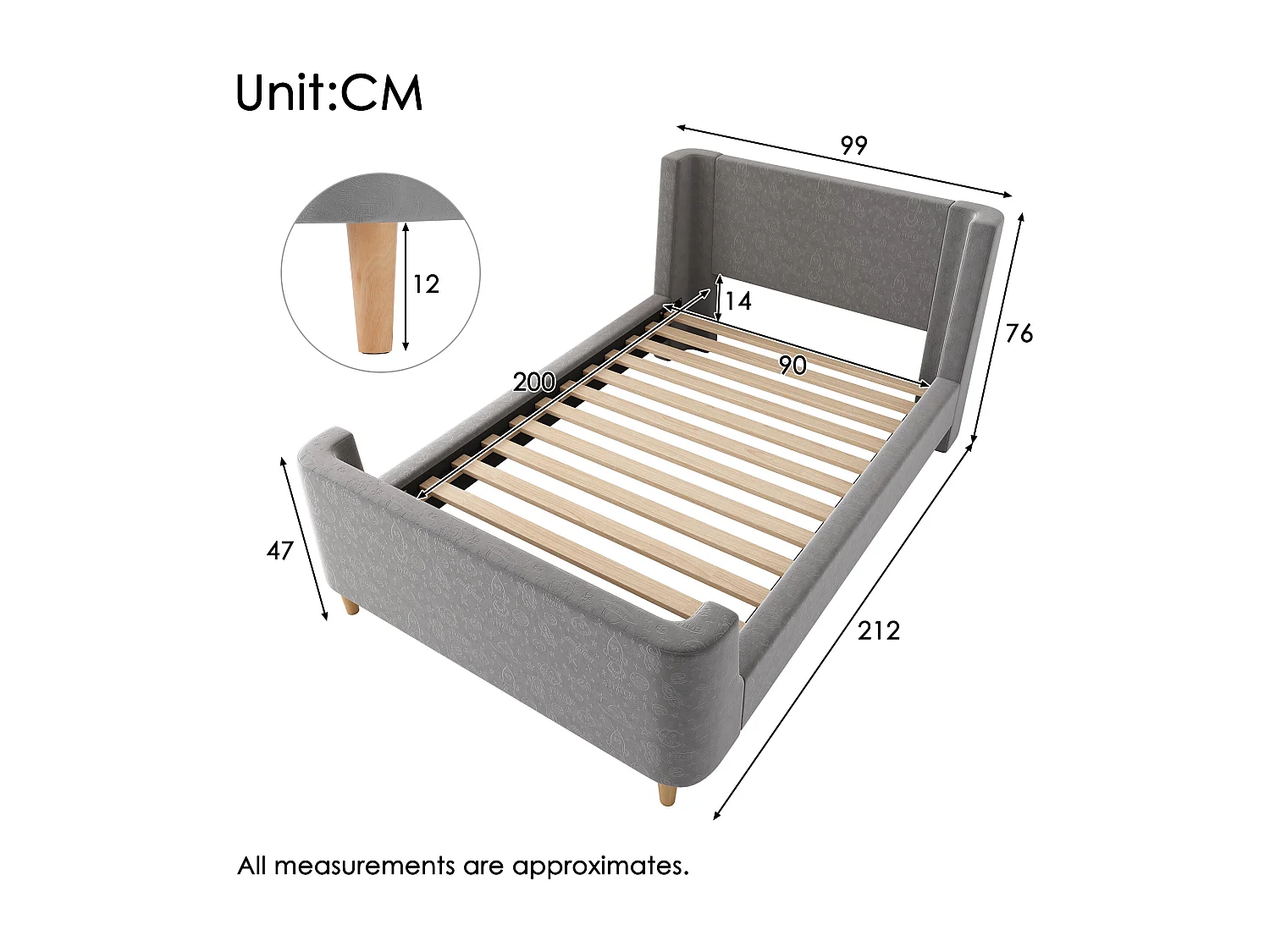 Cama infantil 90x200 cm en terciopelo gris, somier de lamas, sin colchón