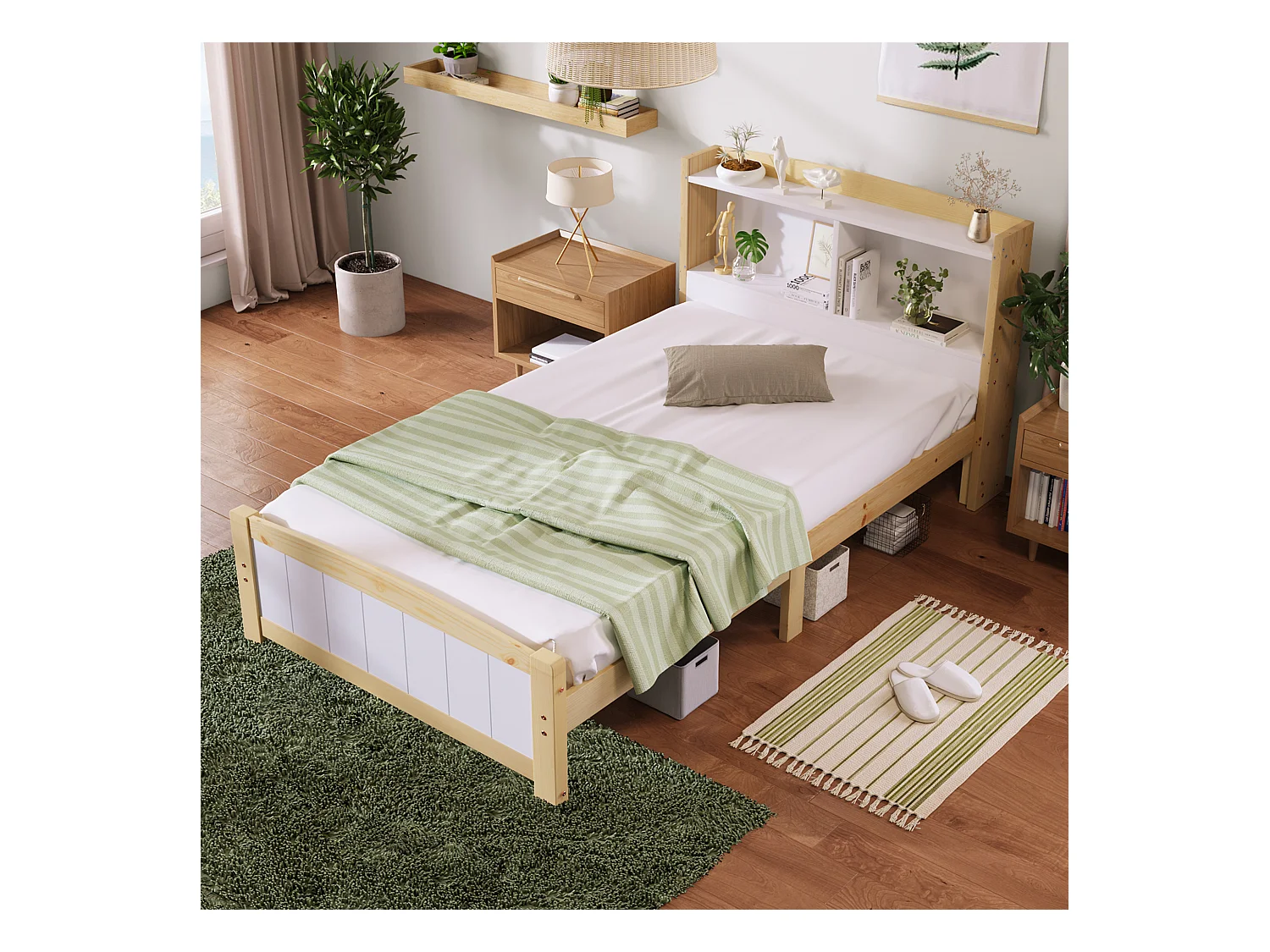 Lit enfant 90x200cm, tête de lit avec Etagère, bois + MDF, blanc + naturel, sans matelas