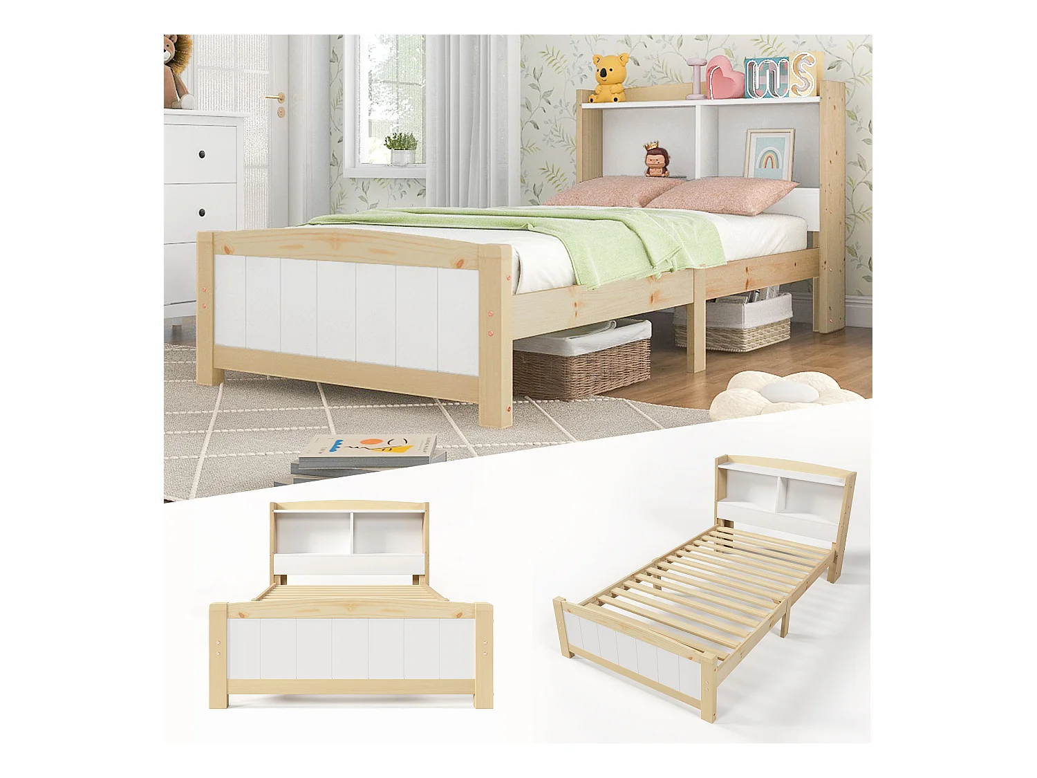Lit enfant 90x200cm, tête de lit avec Etagère, bois + MDF, blanc + naturel, sans matelas