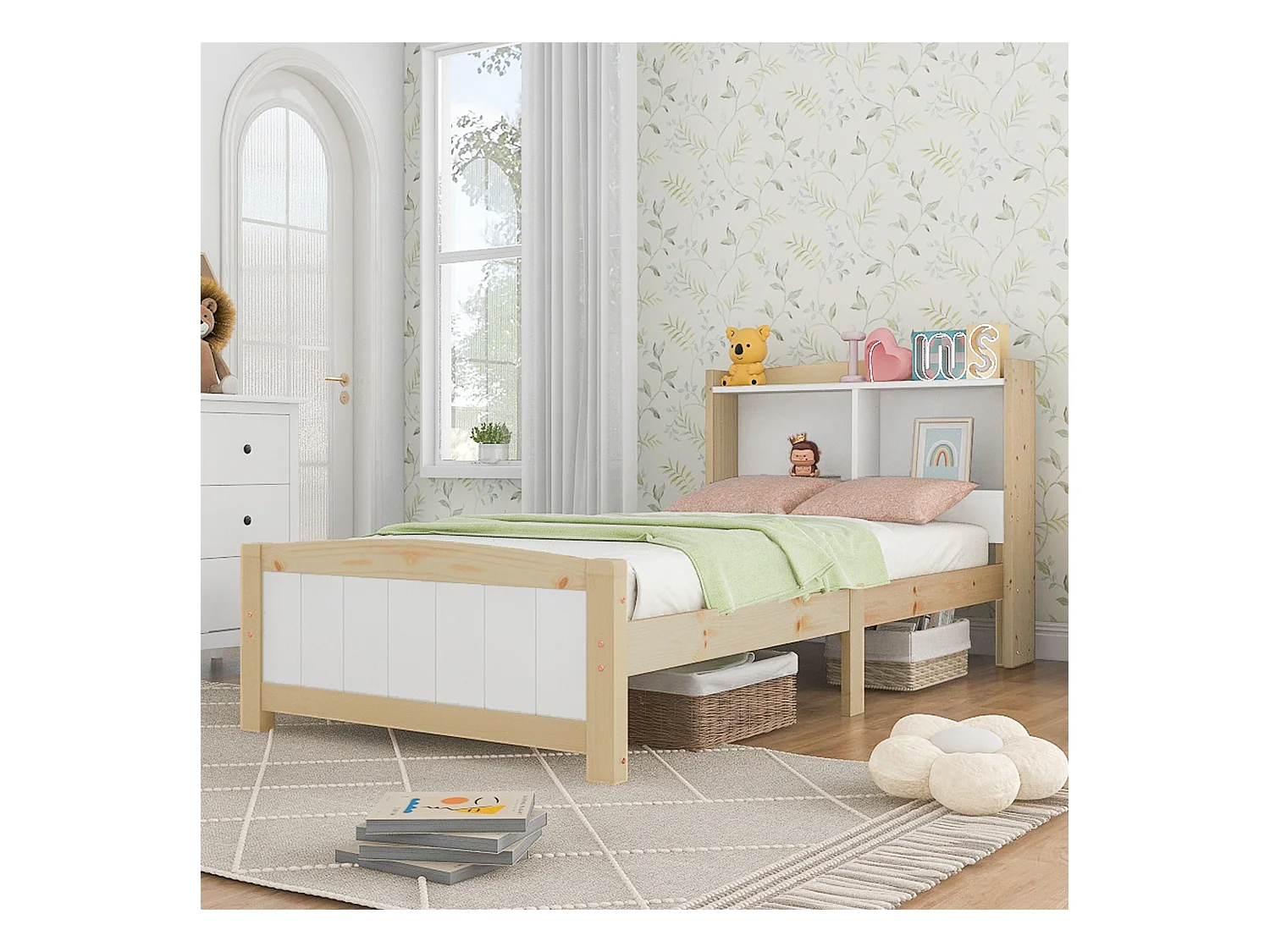 Lit enfant 90x200cm, tête de lit avec Etagère, bois + MDF, blanc + naturel, sans matelas