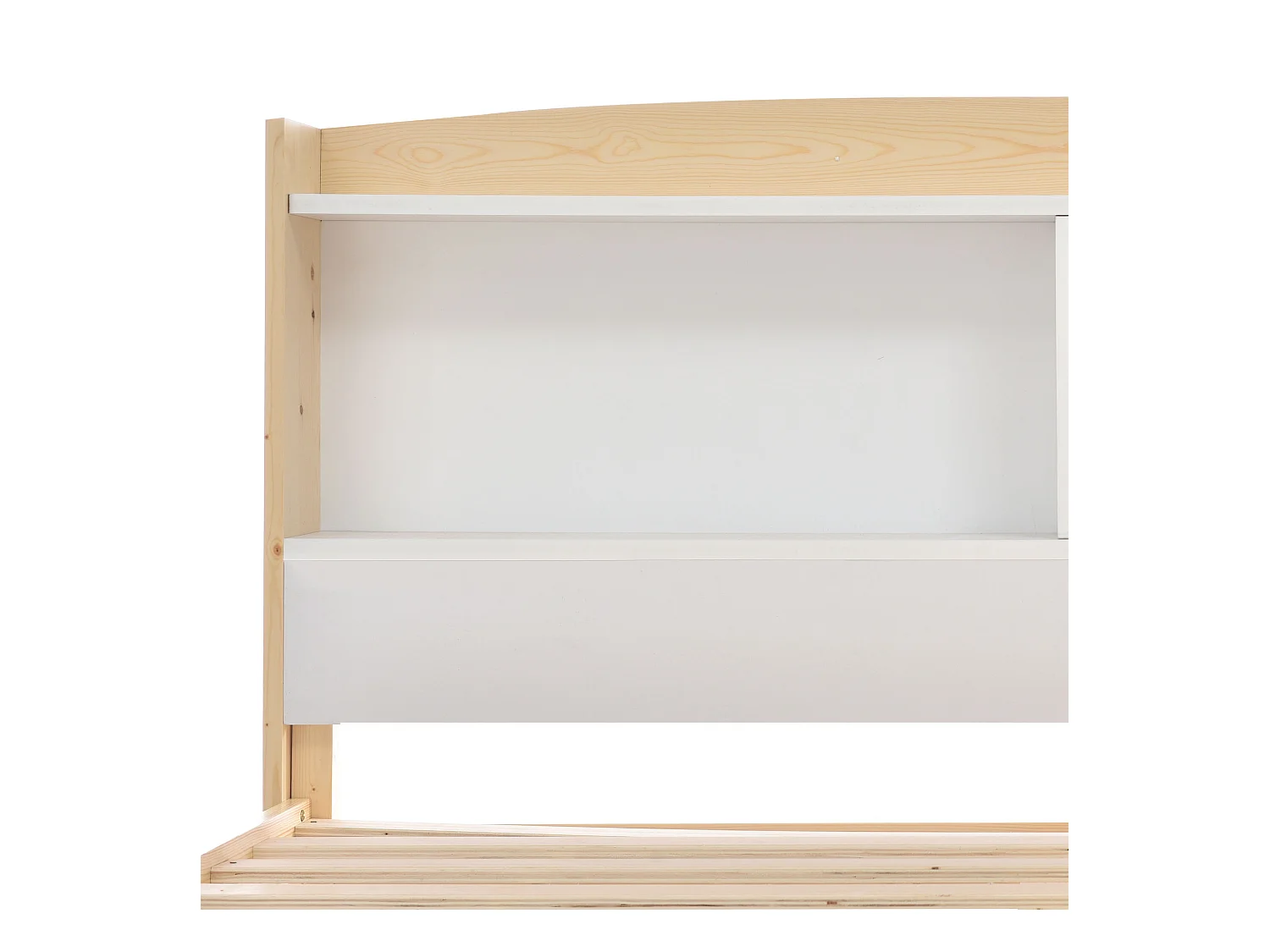 Lit enfant 90x200cm, tête de lit avec Etagère, bois + MDF, blanc + naturel, sans matelas
