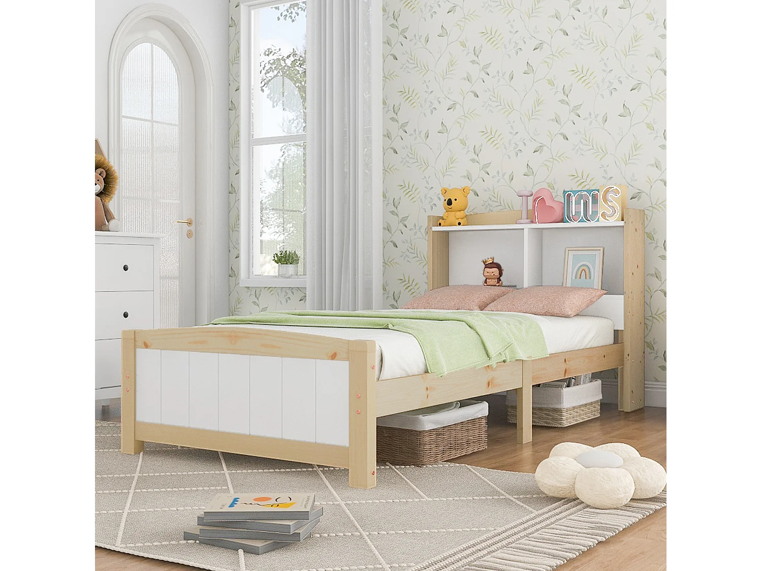 Lit enfant 90x200cm, tête de lit avec Etagère, bois + MDF, blanc + naturel, sans matelas