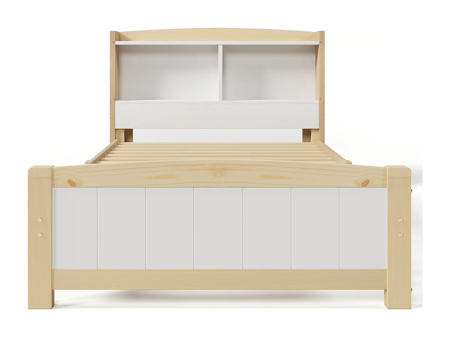 Lit enfant 90x200cm, tête de lit avec Etagère, bois + MDF, blanc + naturel, sans matelas