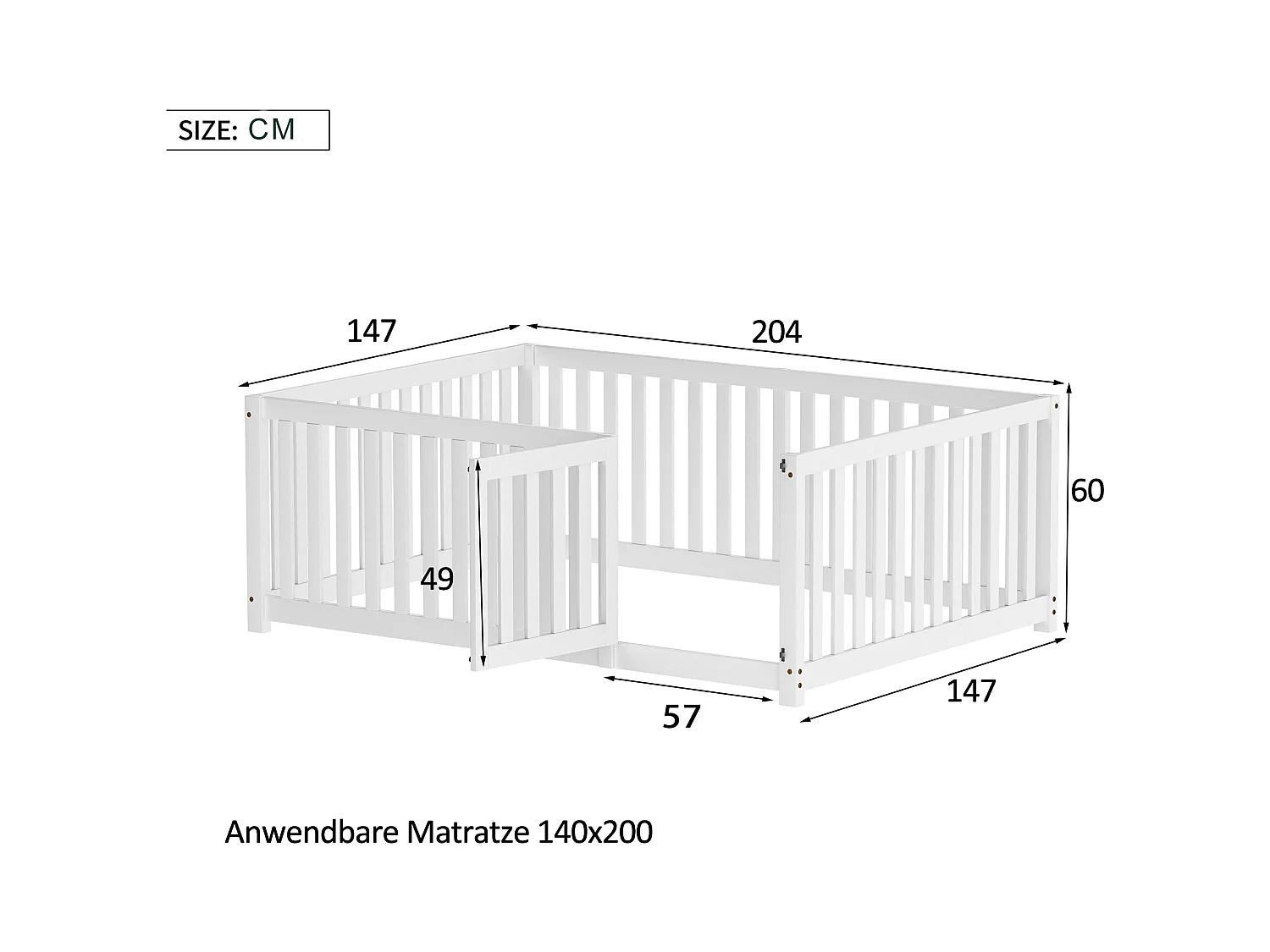 Lit enfant 140x200cm, lit au sol sans sommier, avec Barrières de sécurité, pin, blanc, sans matelas