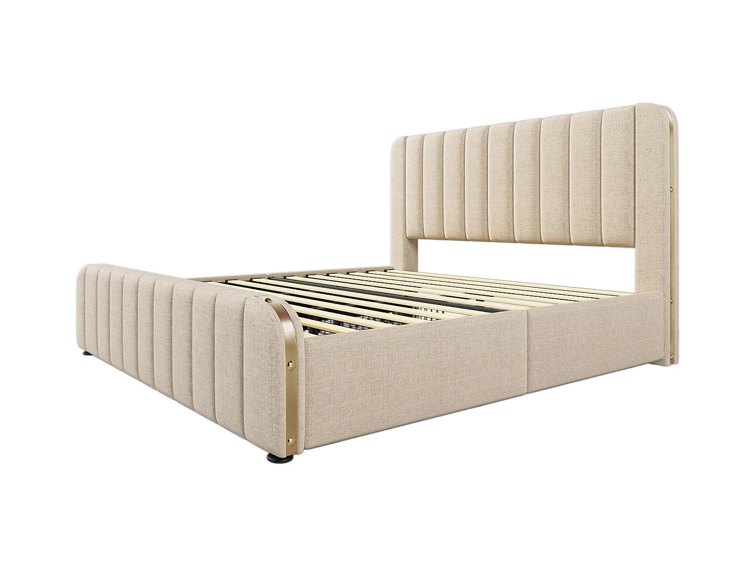 Letto matrimoniale 180x200 cm con 4 cassetti e porte USB, lino beige, senza materasso