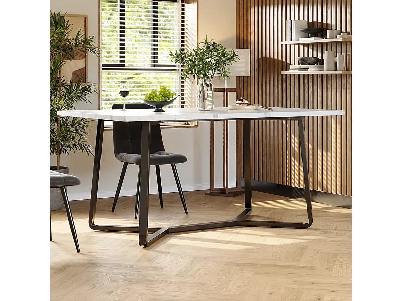 Mesa de comedor para 6 personas 138,5x75cm en MDF con patas regulables, chapa de mármol blanco con pata negra