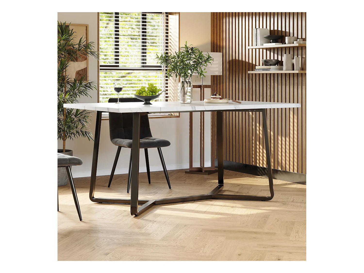 Eettafel voor 6 personen 138,5x75cm in MDF met verstelbare poten, wit marmerfineer met zwarte poot