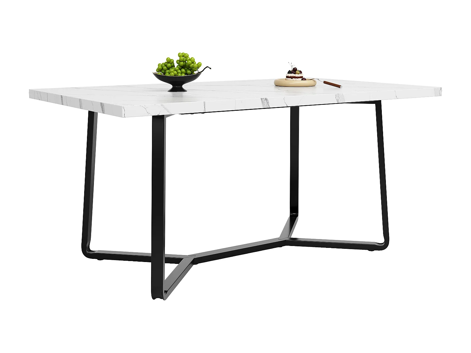 Eettafel voor 6 personen 138,5x75cm in MDF met verstelbare poten, wit marmerfineer met zwarte poot