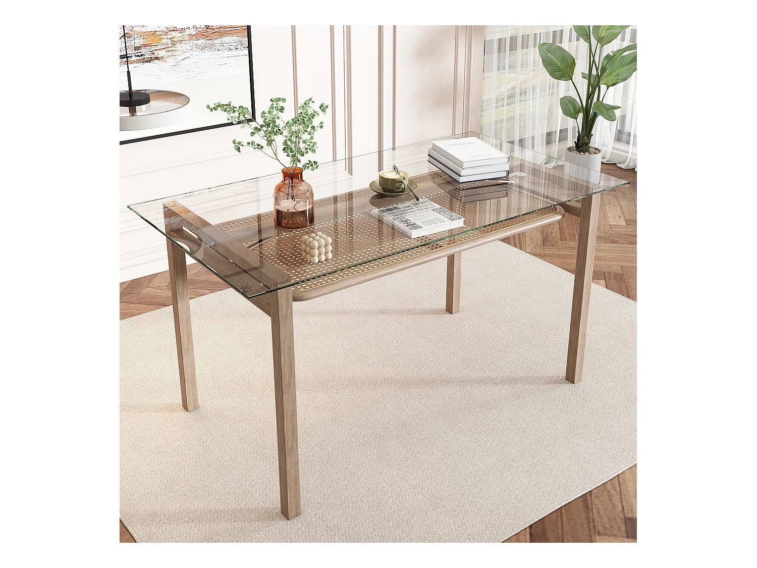 Tavolo da pranzo con spazio di archiviazione, piano in vetro temperato, naturale