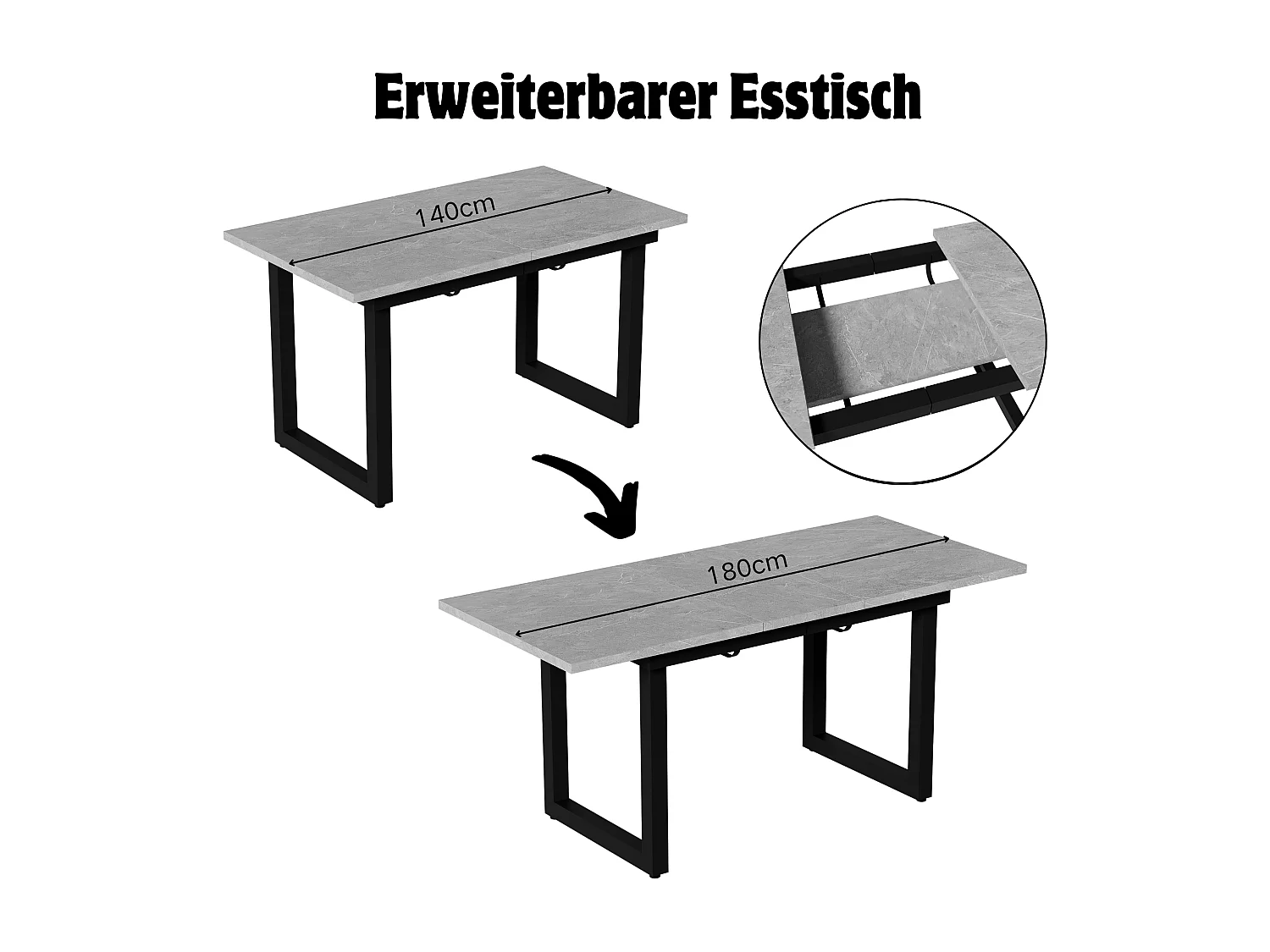 Uitschuifbare eettafel voor 6-8 personen 180x80cm in MDF met U-vormige metalen poten, grijs marmerfineer