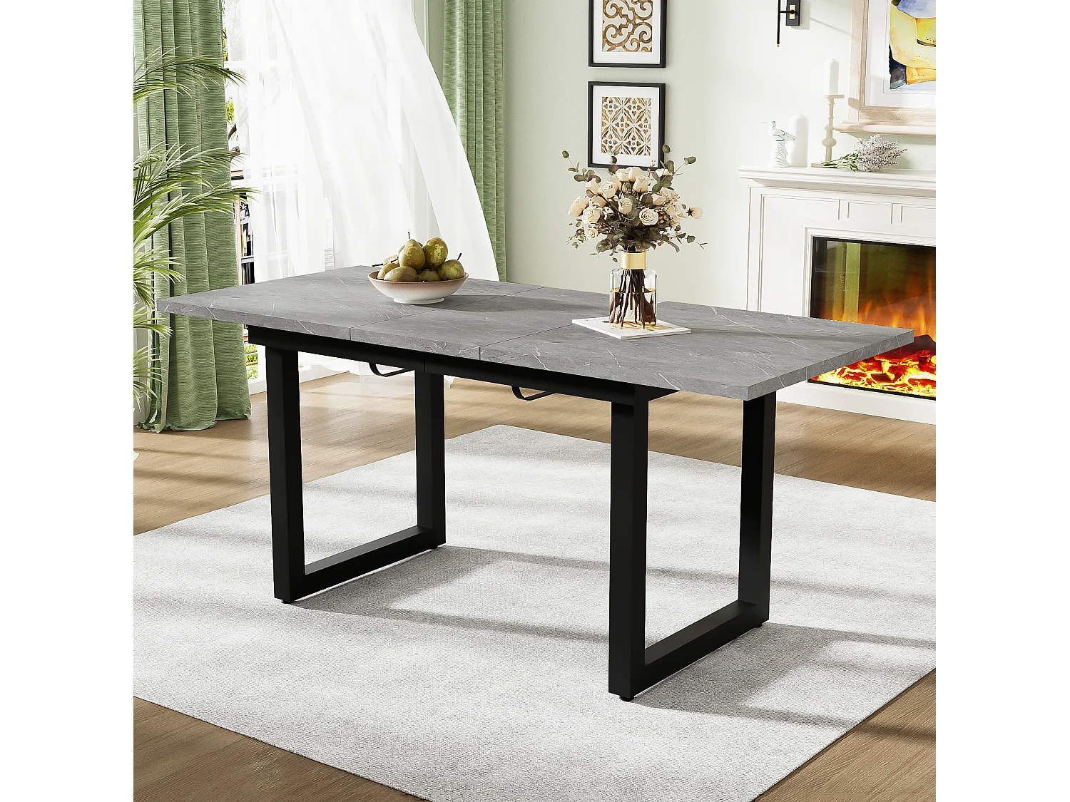 Table à manger extensible 6-8 personnes 180x80cm en MDF avec Pieds en U métallique, placage effet marbre gris