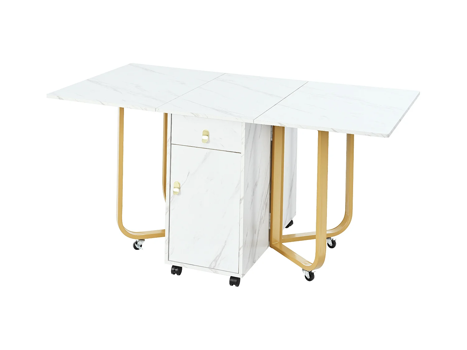 Table à manger extensible 150x80cm 6 personnes avec tiroir et placard, en MDF,placage marbre blanc avec pied doré