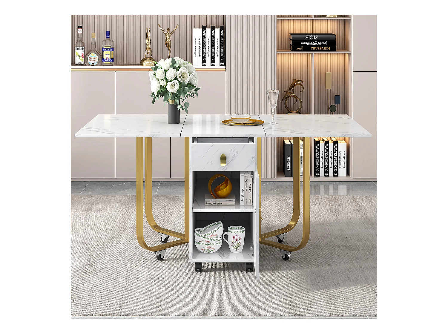Uitschuifbare eettafel 150x80cm voor 6 personen met lade en kast, in MDF, wit marmerfineer met gouden poot