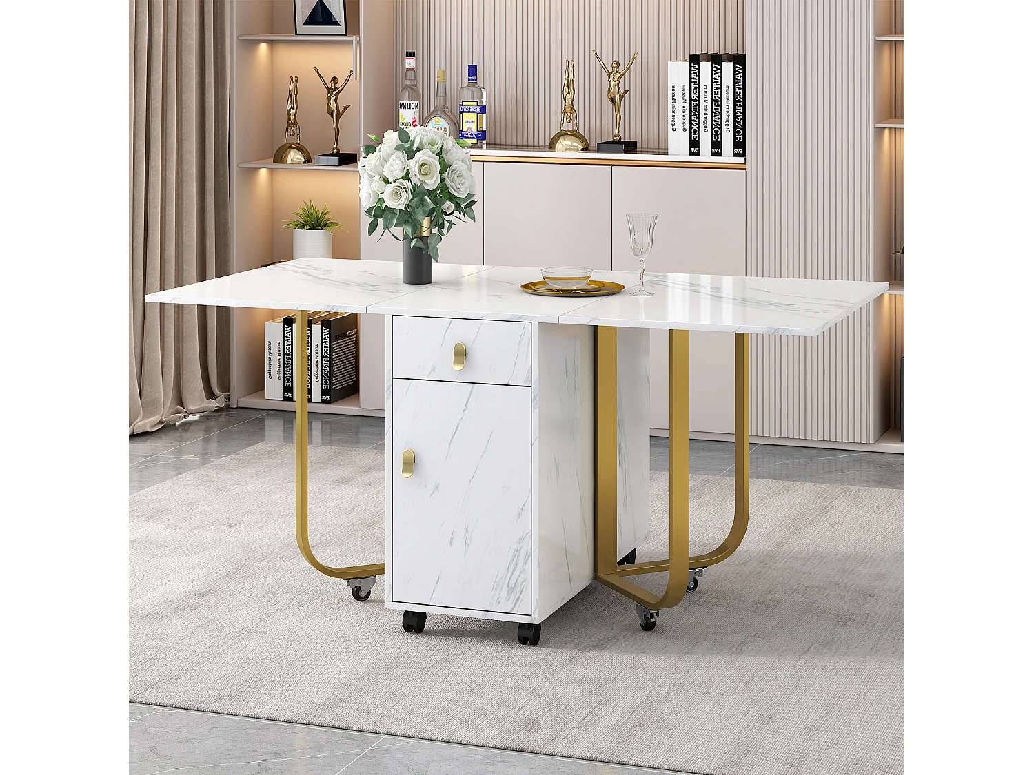 Table à manger extensible 150x80cm 6 personnes avec tiroir et placard, en MDF,placage effet marbre blanc avec pied doré