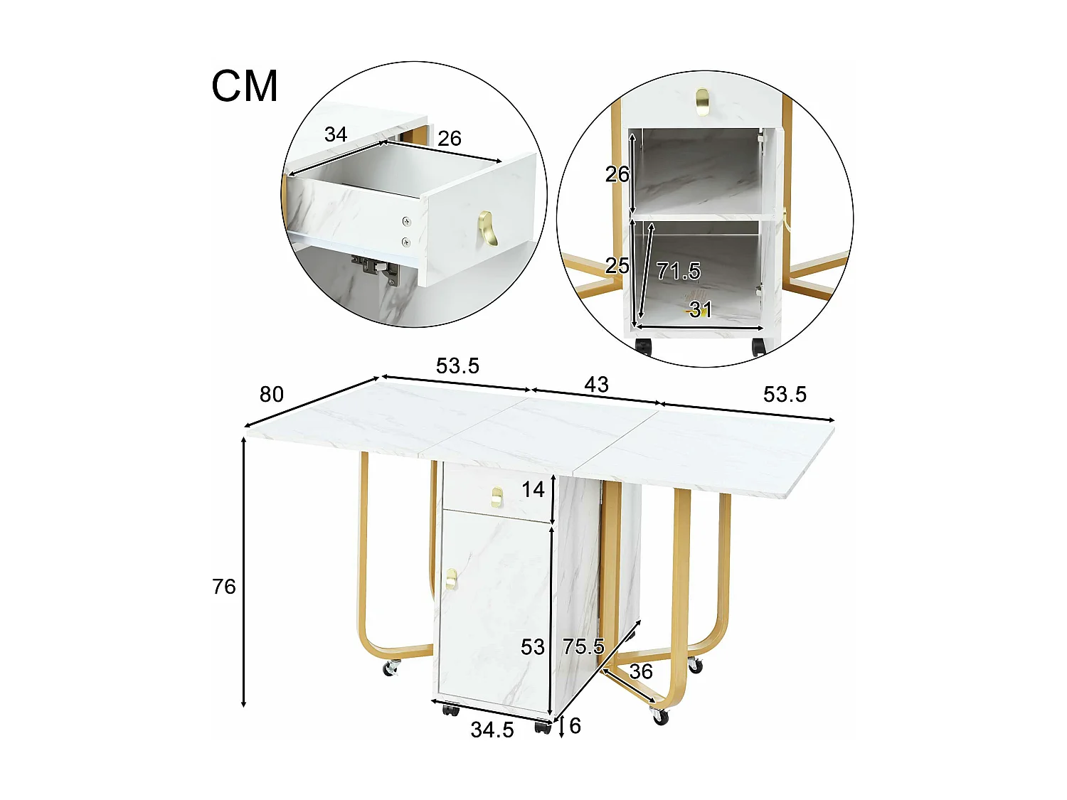 Table à manger extensible 150x80cm 6 personnes avec tiroir et placard, en MDF,placage effet marbre blanc avec pied doré