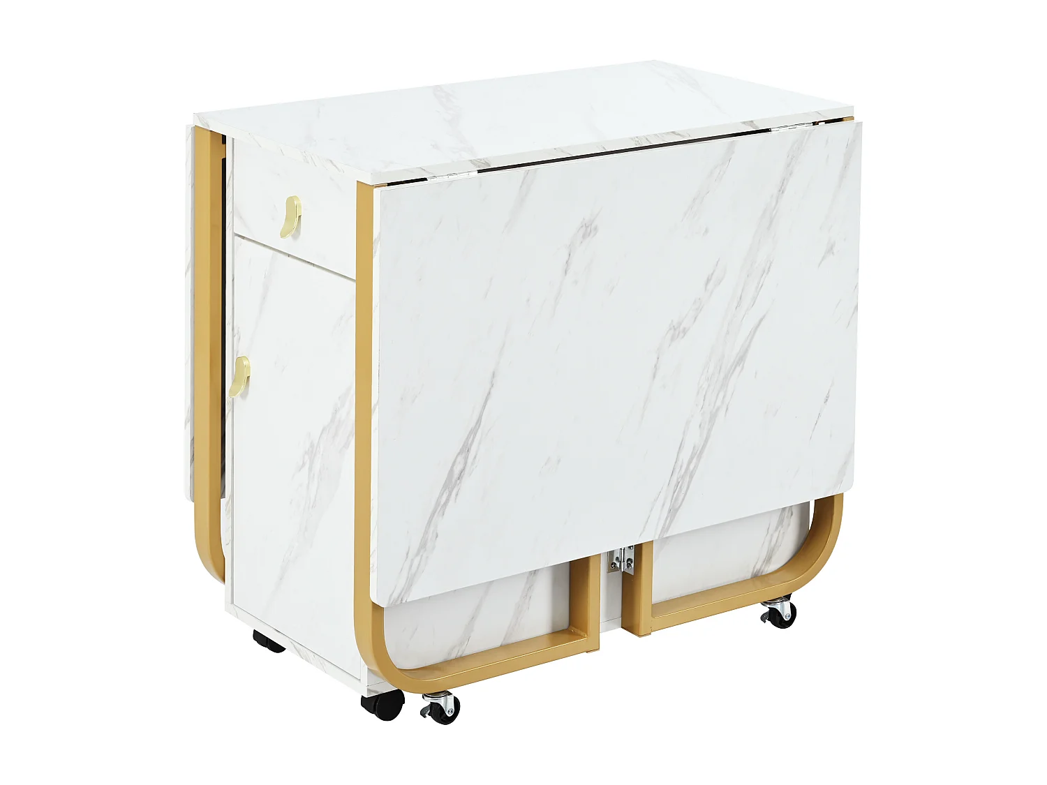 Table à manger extensible 150x80cm 6 personnes avec tiroir et placard, en MDF,placage effet marbre blanc avec pied doré