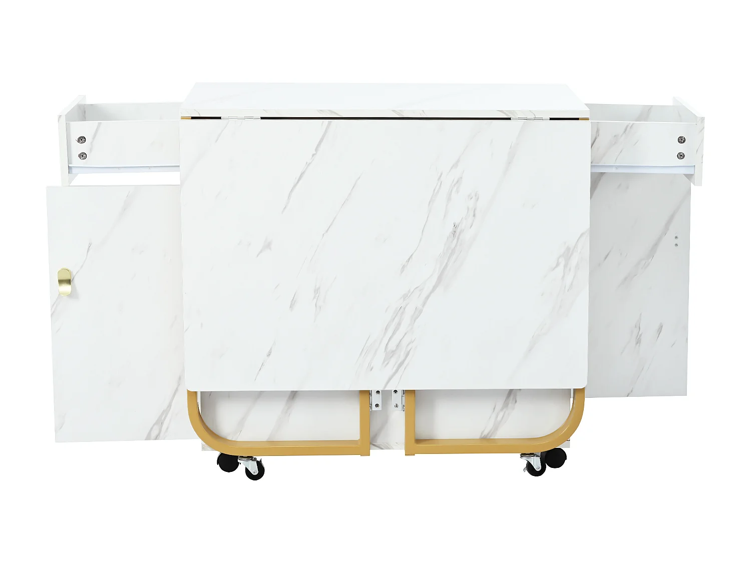 Table à manger extensible 150x80cm 6 personnes avec tiroir et placard, en MDF,placage effet marbre blanc avec pied doré