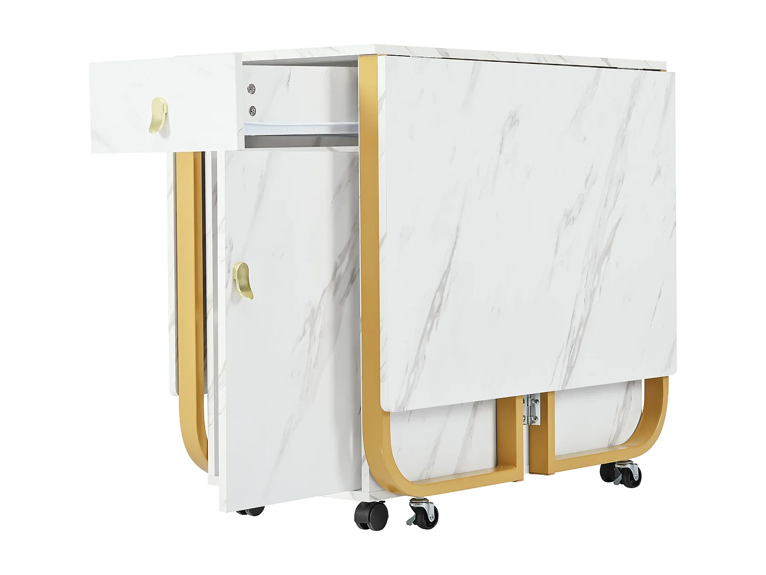 Table à manger extensible 150x80cm 6 personnes avec tiroir et placard, en MDF,placage effet marbre blanc avec pied doré