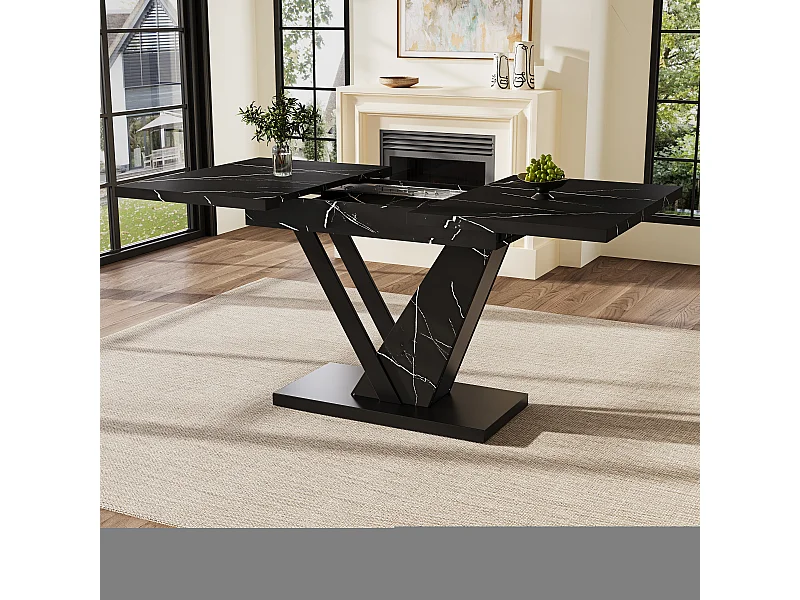 Table à manger extensible 4-6 personnes 160x75cm en MDF avec Pieds réglables en acier, placage marbre noir
