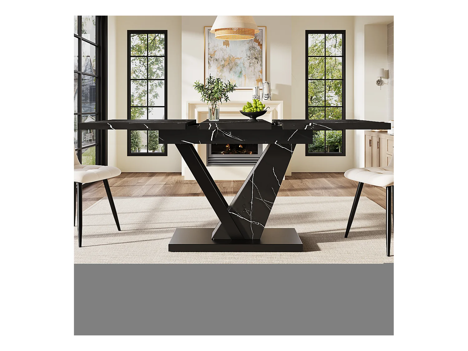 Mesa de jantar extensível para 4-6 pessoas 160x75cm em MDF com pés de aço ajustáveis, folheado de mármore preto