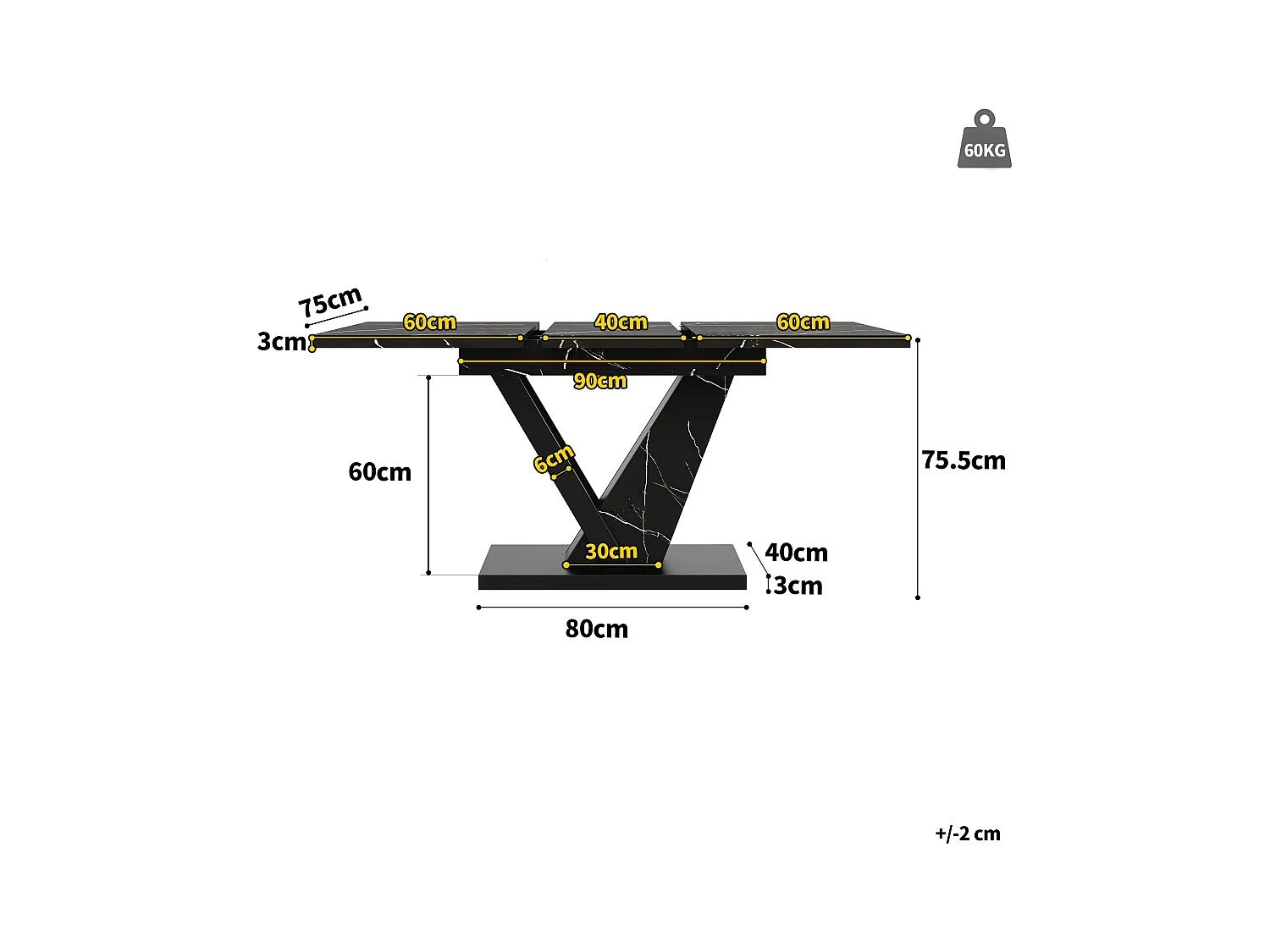 Mesa de jantar extensível para 4-6 pessoas 160x75cm em MDF com pés de aço ajustáveis, folheado de mármore preto