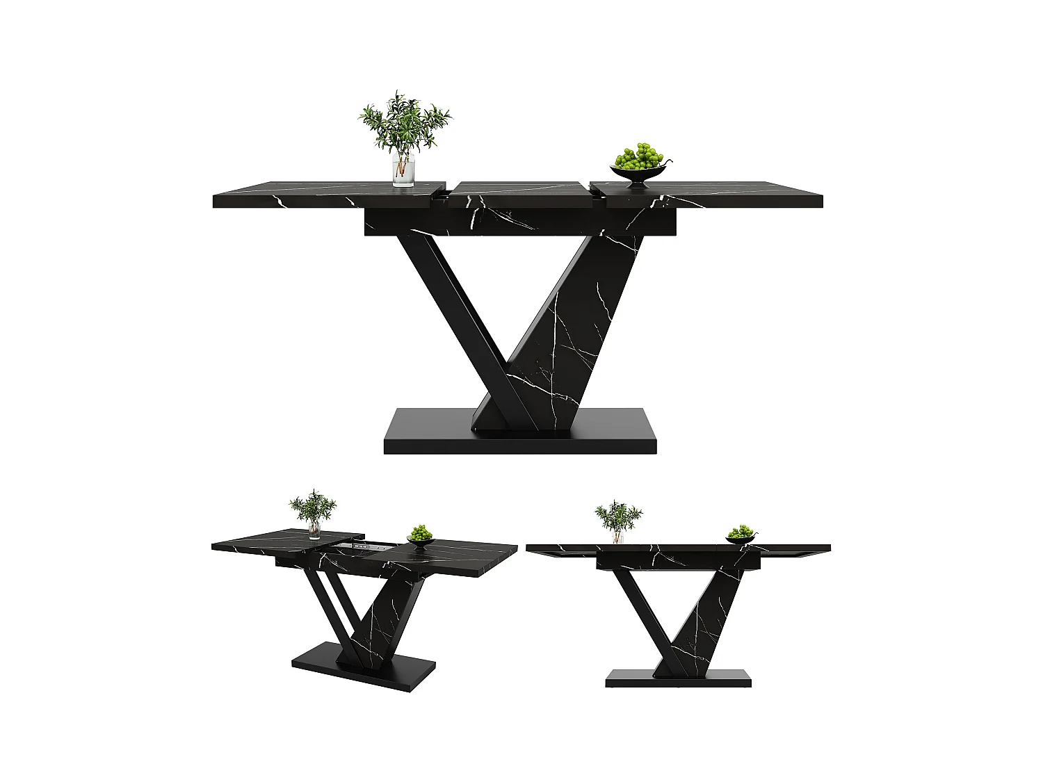 Mesa de jantar extensível para 4-6 pessoas 160x75cm em MDF com pés de aço ajustáveis, folheado de mármore preto