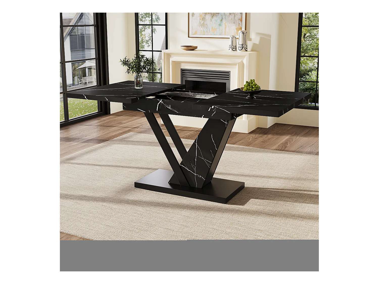 Table à manger extensible 4-6 personnes 160x75cm en MDF avec Pieds réglables en acier, placage marbre noir