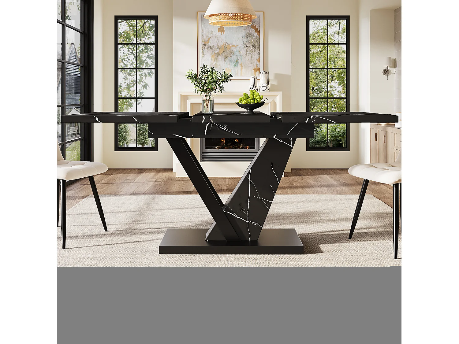 Mesa de jantar extensível para 4-6 pessoas 160x75cm em MDF com pés de aço ajustáveis, folheado de mármore preto