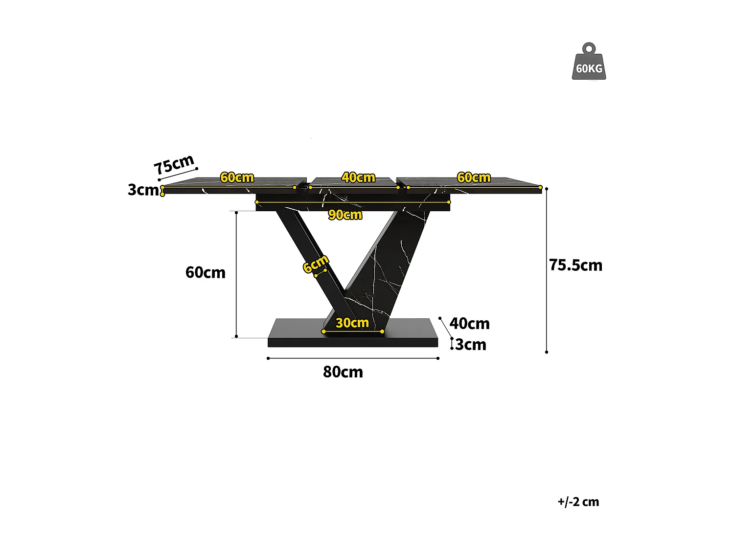Mesa de jantar extensível para 4-6 pessoas 160x75cm em MDF com pés de aço ajustáveis, folheado de mármore preto