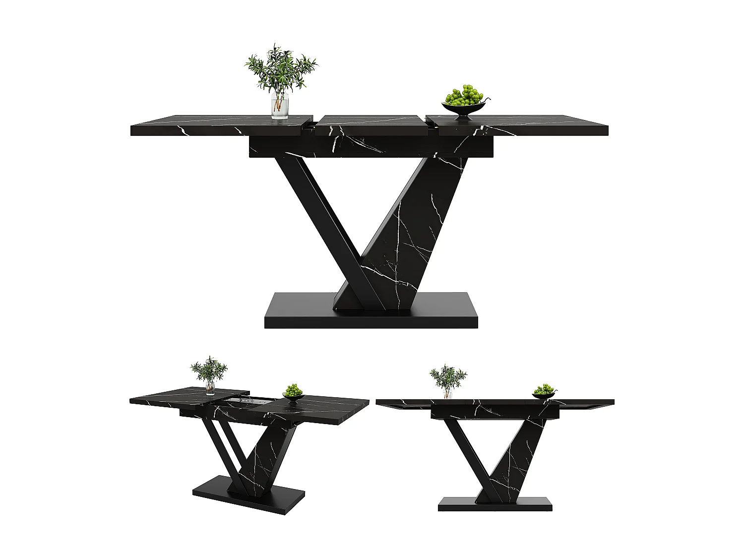 Mesa de jantar extensível para 4-6 pessoas 160x75cm em MDF com pés de aço ajustáveis, folheado de mármore preto