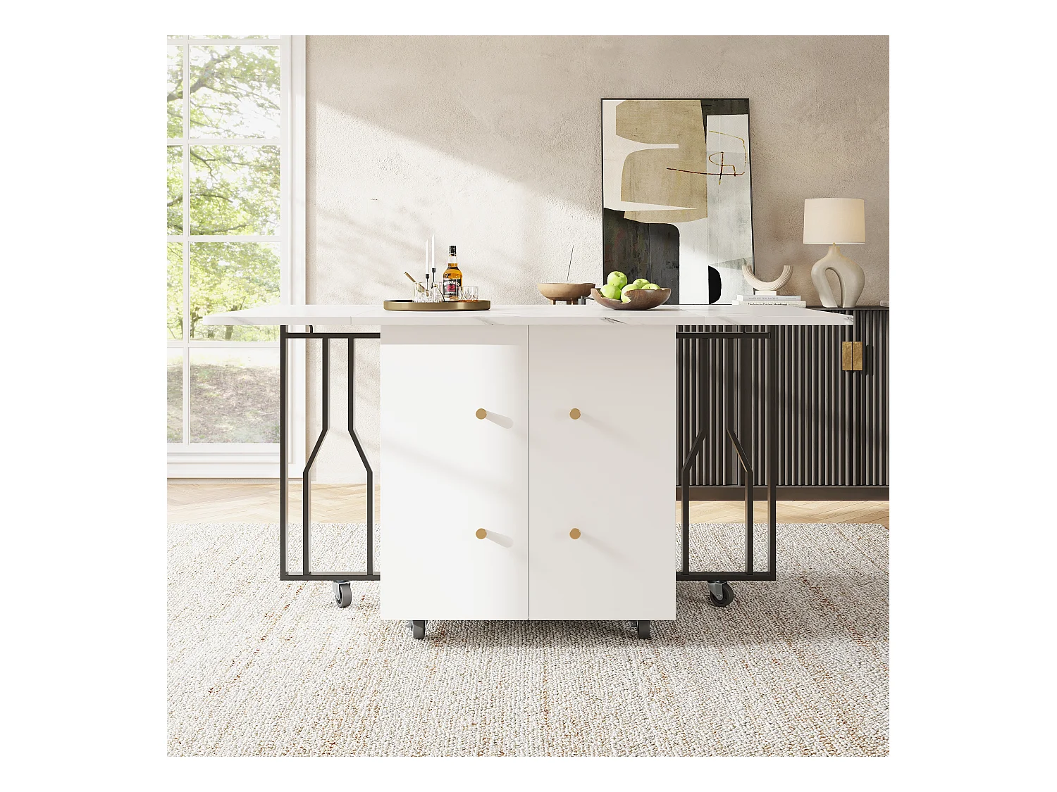 Uitschuifbare eettafel voor 4-8 personen met kast, 75x140cm in MDF, wit marmerfineer met zwarte poot