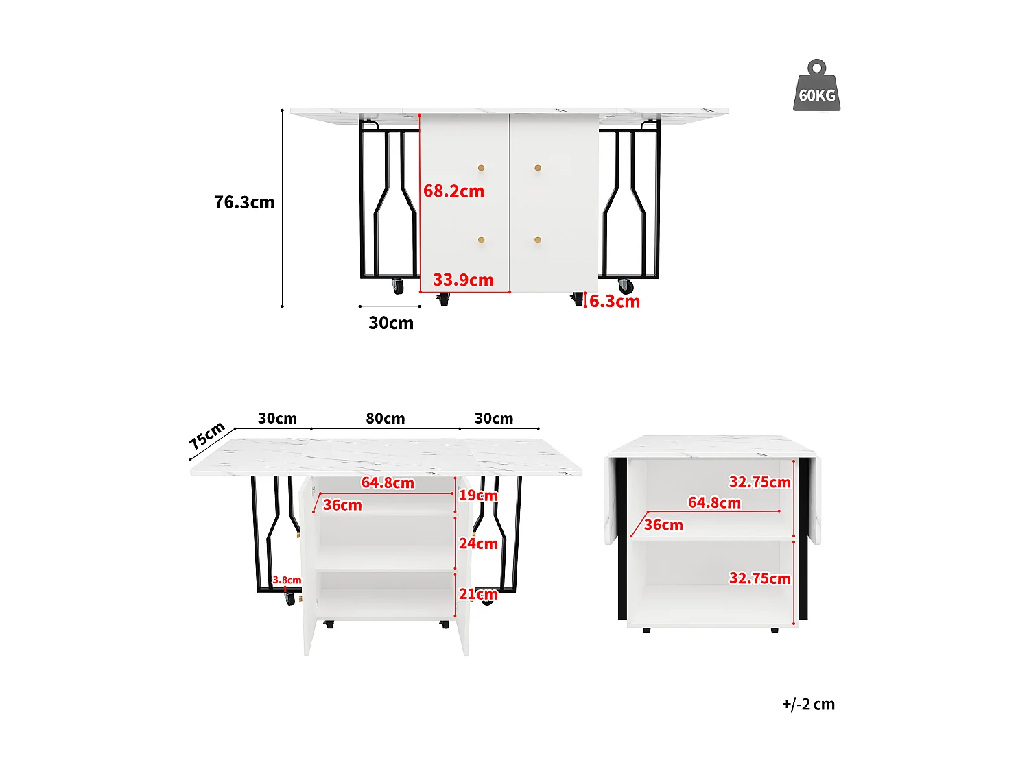 Table à manger extensible 4-8 personnes avec placard, 75x140cm en MDF, placage motif marbre blanc avec pied noir