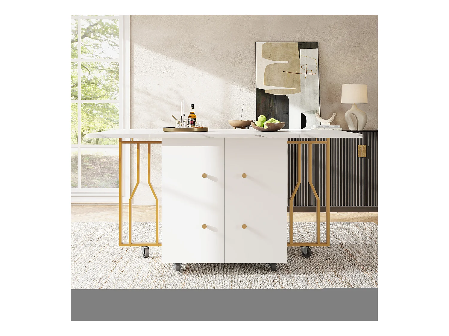 Table à manger extensible 4-8 personnes avec placard, 75x140cm en MDF, placage marbre blanc avec pied doré