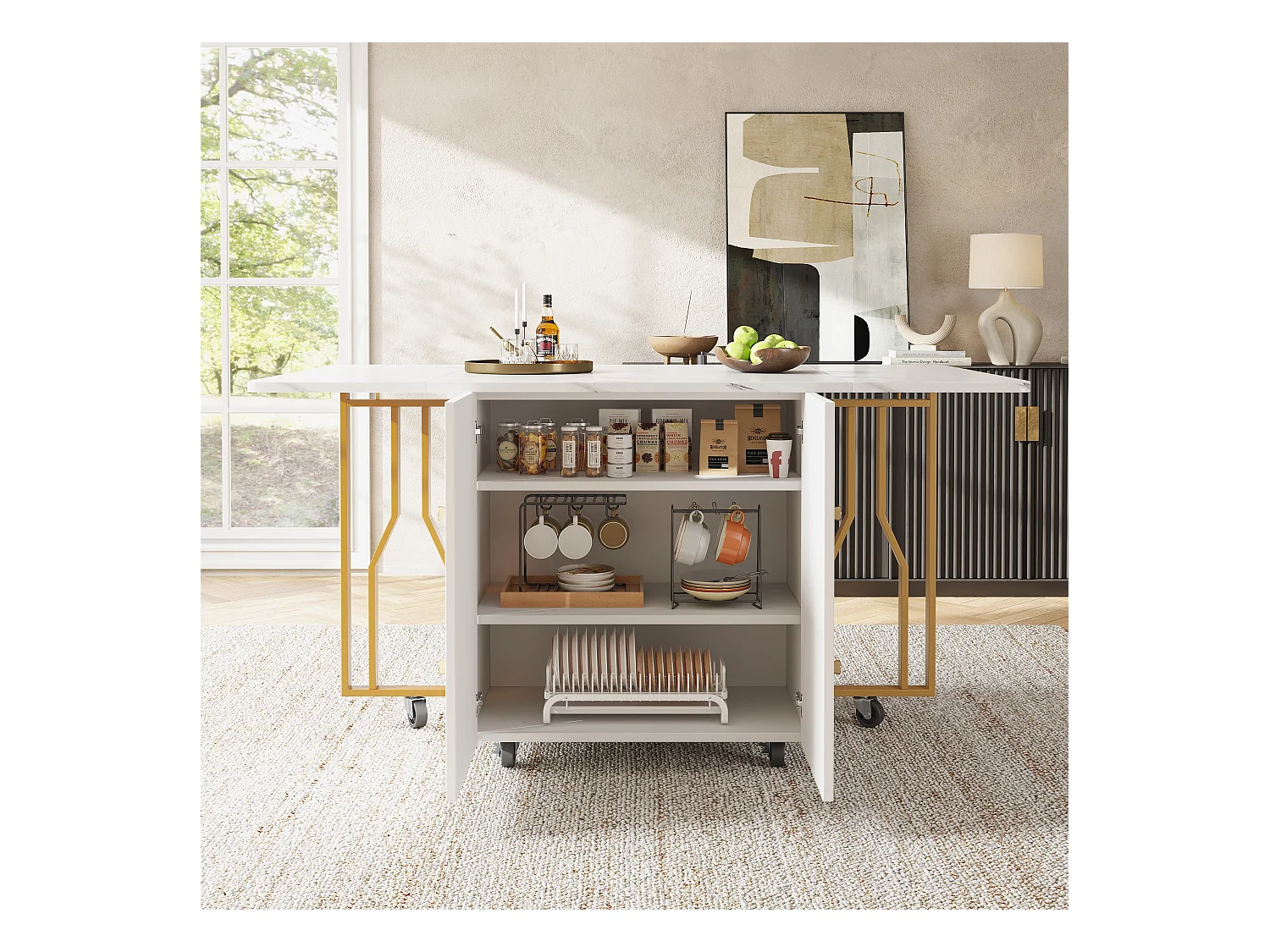 Table à manger extensible 4-8 personnes avec placard, 75x140cm en MDF, placage marbre blanc avec pied doré