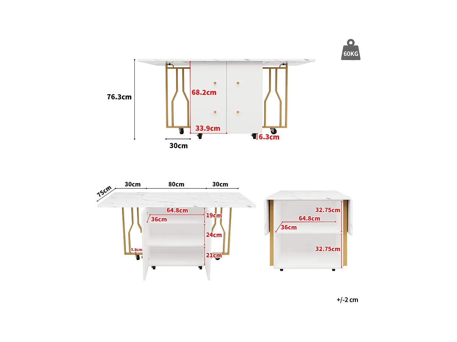 Table à manger extensible 4-8 personnes avec placard, 75x140cm en MDF, placage marbre blanc avec pied doré